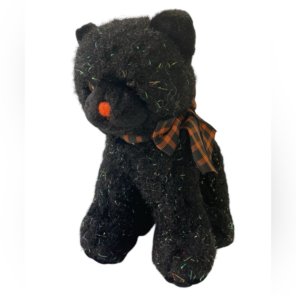 Russ Berrie Burnside Black Cat 8" Stuffed Plush Halloween Orange Nose Sparkle
